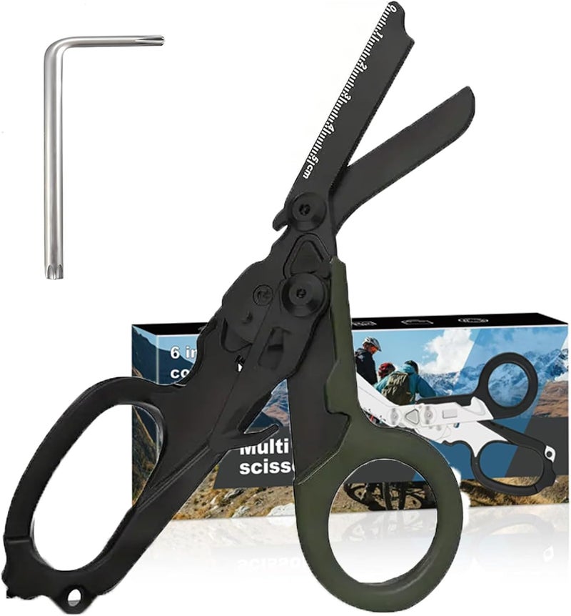 Lemasa 6 in 1 trauma shears, folding emergency shear, Outdoor Camping Tools, Seat Belt Cutter, Oxygen Cylinder Wrench, Complimentary Adjustable Wrench (Electroplating Black Army Green) - Image 1